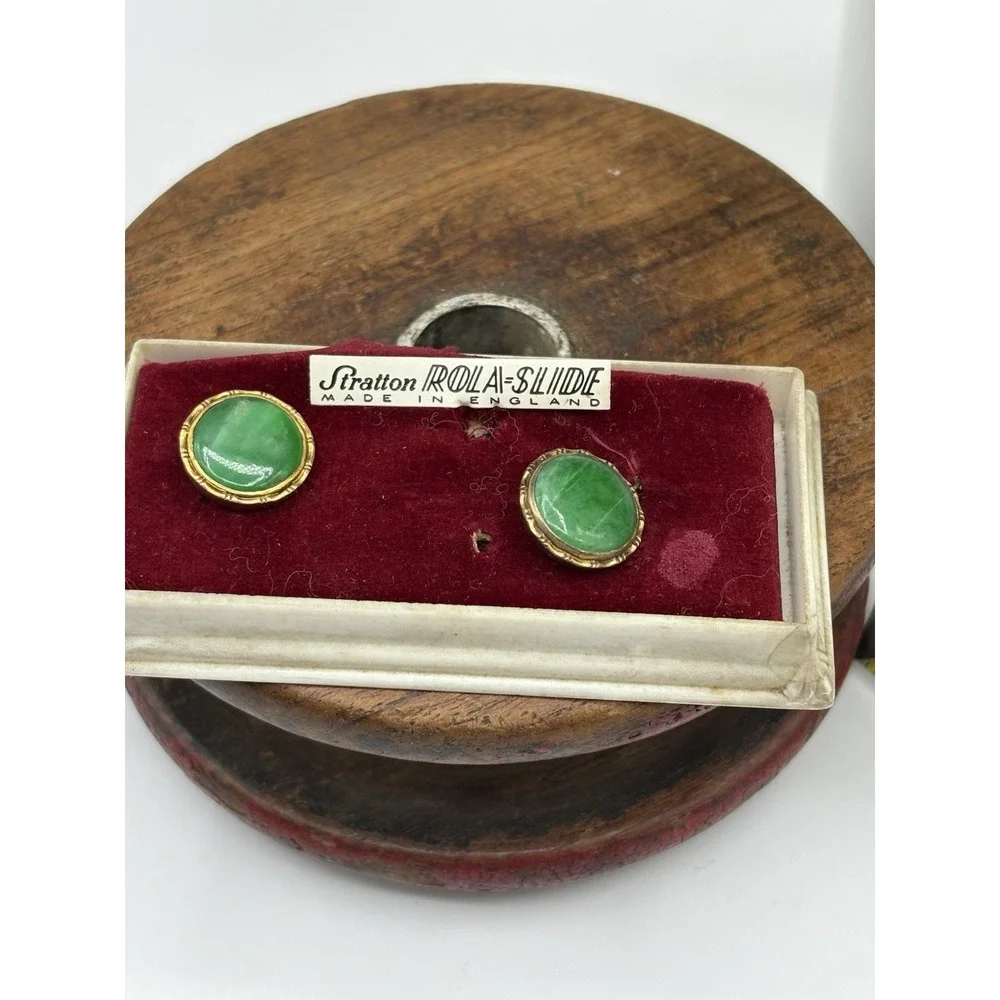 Antique Stratton Rolla Slide Cuff Links Green Faux Jade Cabachon MCM England Box